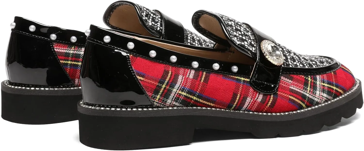 Women's Plaid Lug Sole Penny Loafers,Ladies Sparkly Rhinestones Pearl Trendy Low Heel Slip on Dressy Holiday Shoe Round Toe Comfort Party Evening Glitter Memory Foam Shoe