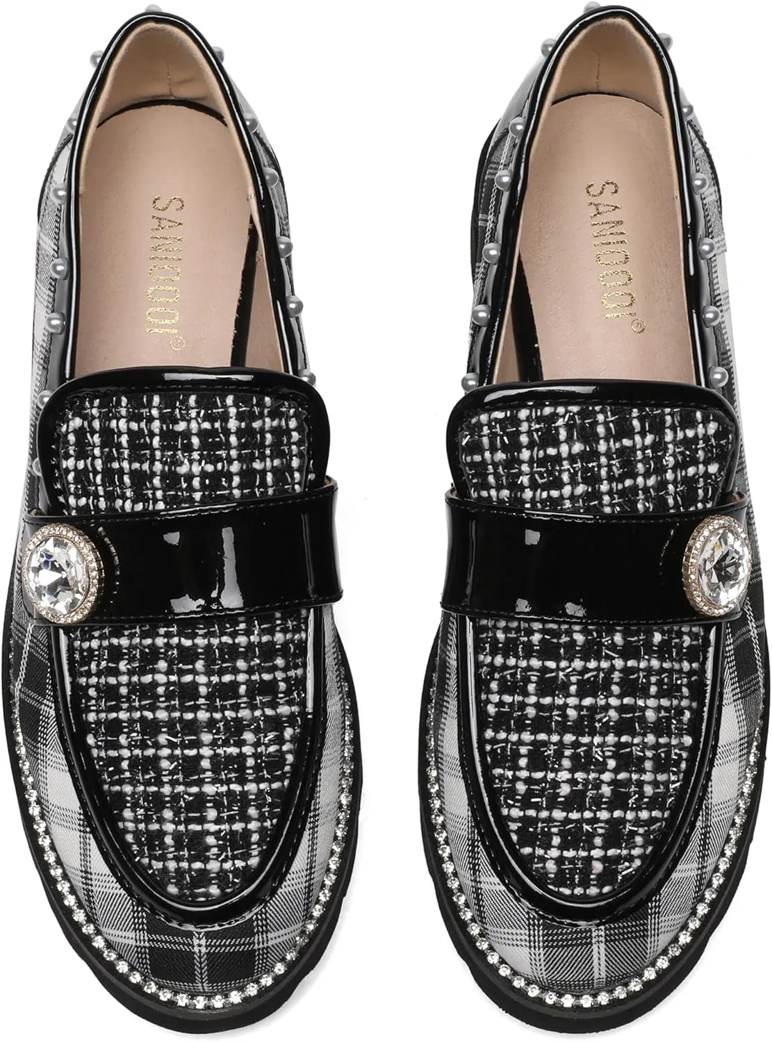 Women's Plaid Lug Sole Penny Loafers,Ladies Sparkly Rhinestones Pearl Trendy Low Heel Slip on Dressy Holiday Shoe Round Toe Comfort Party Evening Glitter Memory Foam Shoe