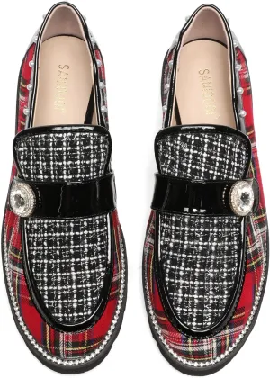 Women's Plaid Lug Sole Penny Loafers,Ladies Sparkly Rhinestones Pearl Trendy Low Heel Slip on Dressy Holiday Shoe Round Toe Comfort Party Evening Glitter Memory Foam Shoe