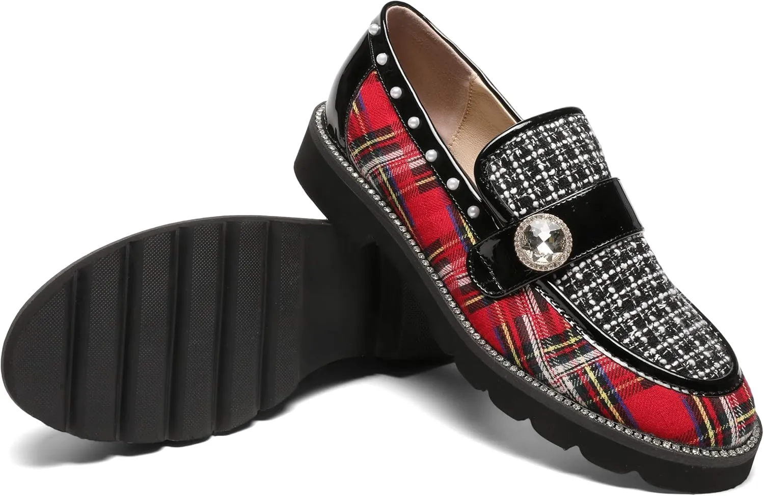 Women's Plaid Lug Sole Penny Loafers,Ladies Sparkly Rhinestones Pearl Trendy Low Heel Slip on Dressy Holiday Shoe Round Toe Comfort Party Evening Glitter Memory Foam Shoe