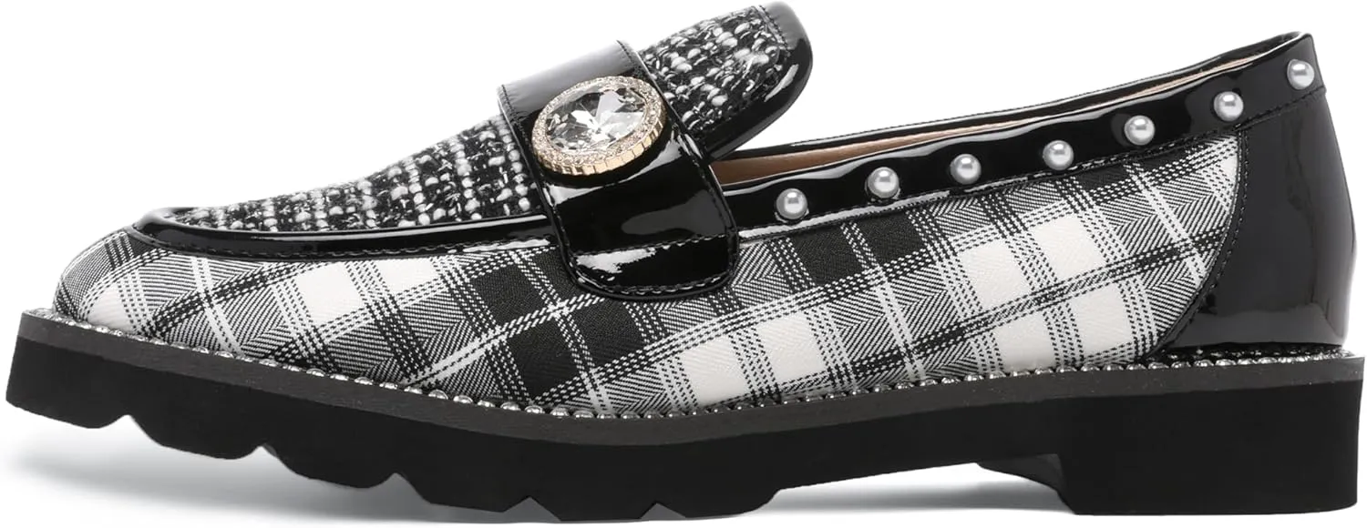 Women's Plaid Lug Sole Penny Loafers,Ladies Sparkly Rhinestones Pearl Trendy Low Heel Slip on Dressy Holiday Shoe Round Toe Comfort Party Evening Glitter Memory Foam Shoe