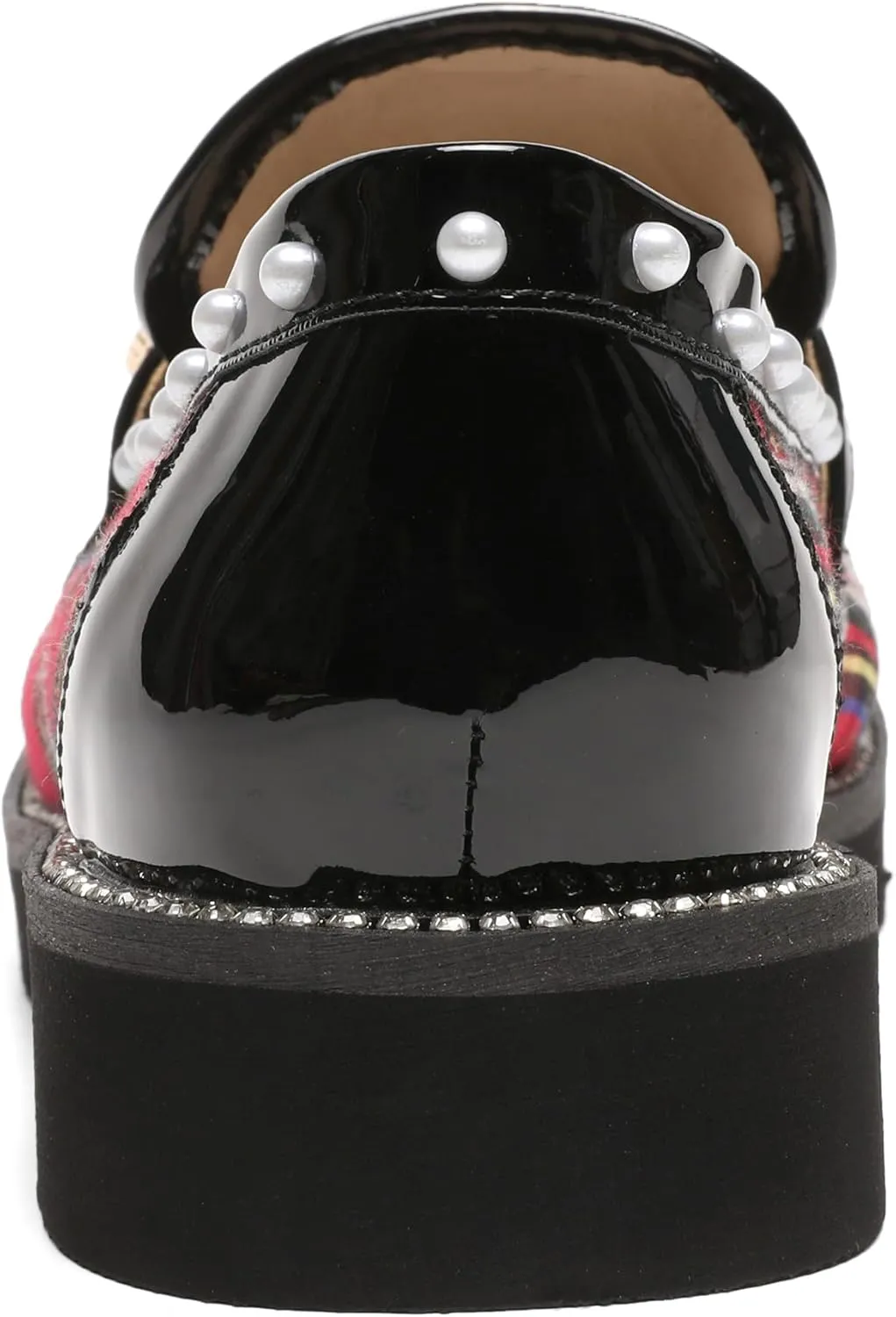 Women's Plaid Lug Sole Penny Loafers,Ladies Sparkly Rhinestones Pearl Trendy Low Heel Slip on Dressy Holiday Shoe Round Toe Comfort Party Evening Glitter Memory Foam Shoe