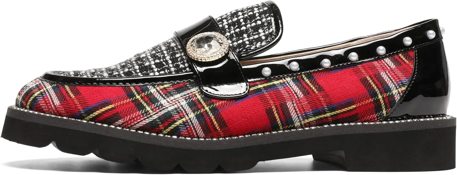 Women's Plaid Lug Sole Penny Loafers,Ladies Sparkly Rhinestones Pearl Trendy Low Heel Slip on Dressy Holiday Shoe Round Toe Comfort Party Evening Glitter Memory Foam Shoe