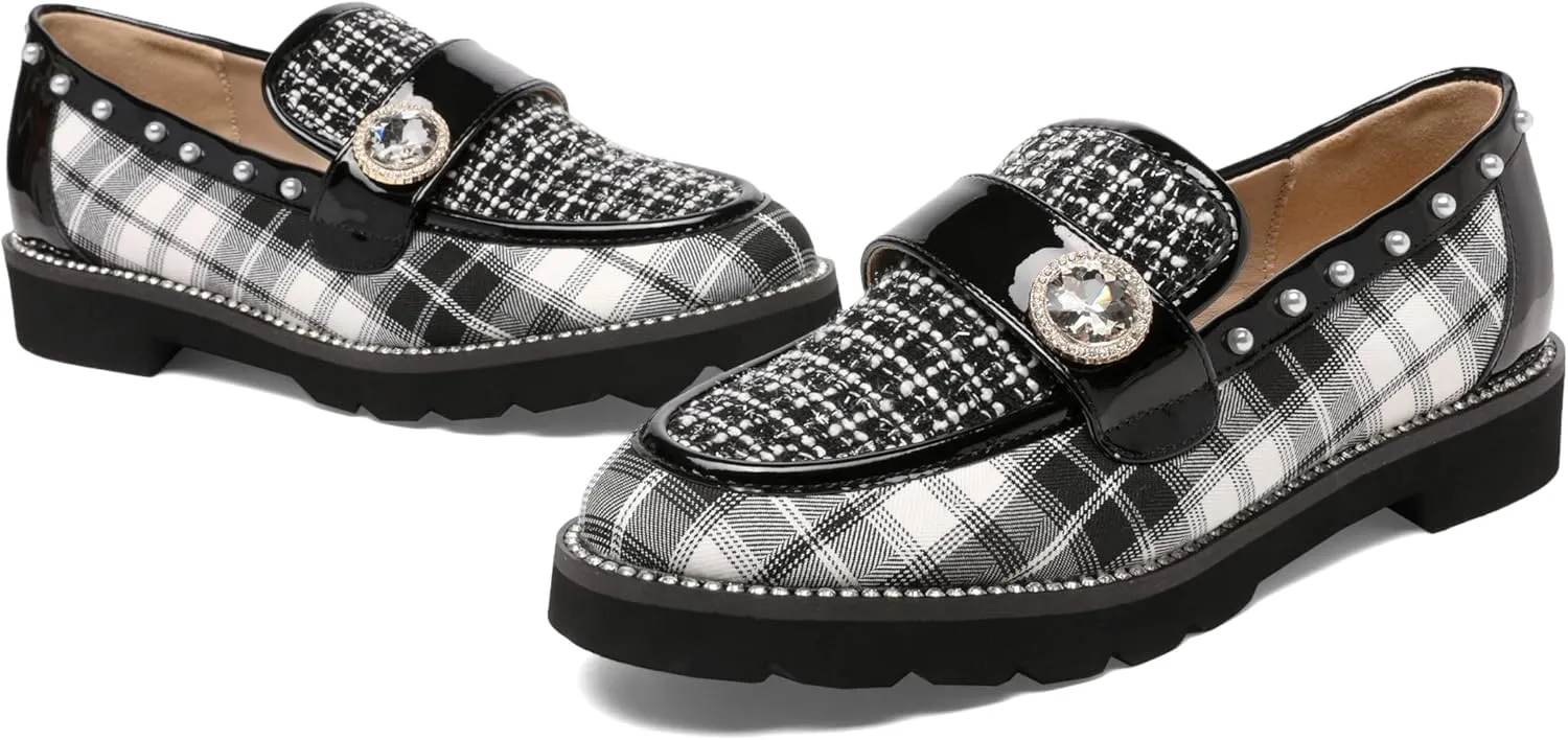 Women's Plaid Lug Sole Penny Loafers,Ladies Sparkly Rhinestones Pearl Trendy Low Heel Slip on Dressy Holiday Shoe Round Toe Comfort Party Evening Glitter Memory Foam Shoe