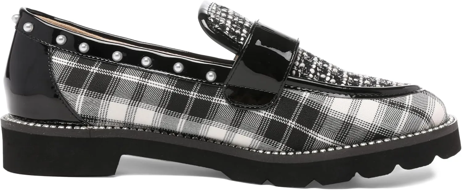 Women's Plaid Lug Sole Penny Loafers,Ladies Sparkly Rhinestones Pearl Trendy Low Heel Slip on Dressy Holiday Shoe Round Toe Comfort Party Evening Glitter Memory Foam Shoe