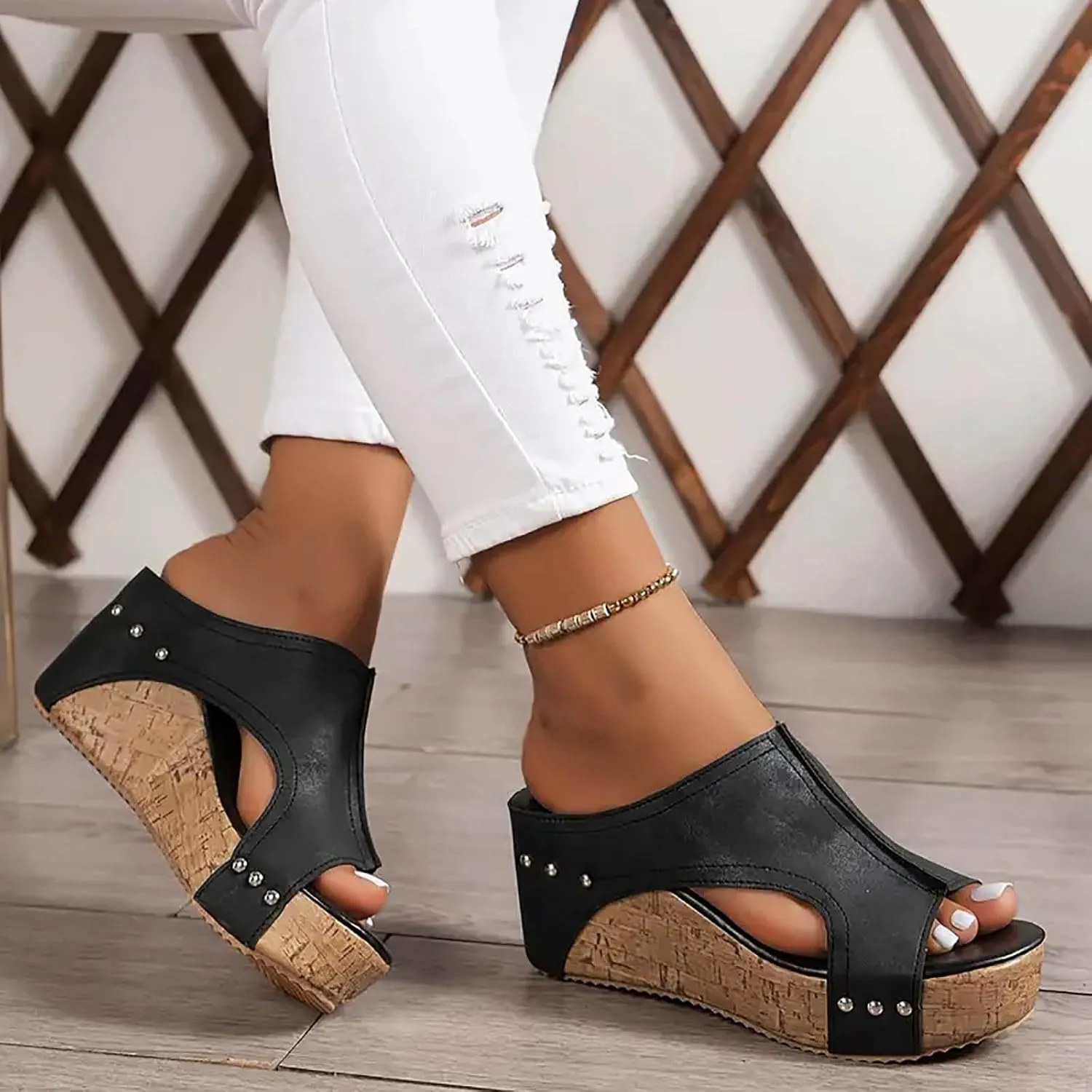 Women's Platform Wedge Sandals Open Toe Slip On Slides Cork Heeled Cutout Comfortable Slide Sandals Casual Dressy Summer Shoes