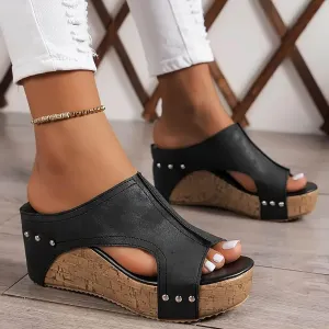 Women's Platform Wedge Sandals Open Toe Slip On Slides Cork Heeled Cutout Comfortable Slide Sandals Casual Dressy Summer Shoes