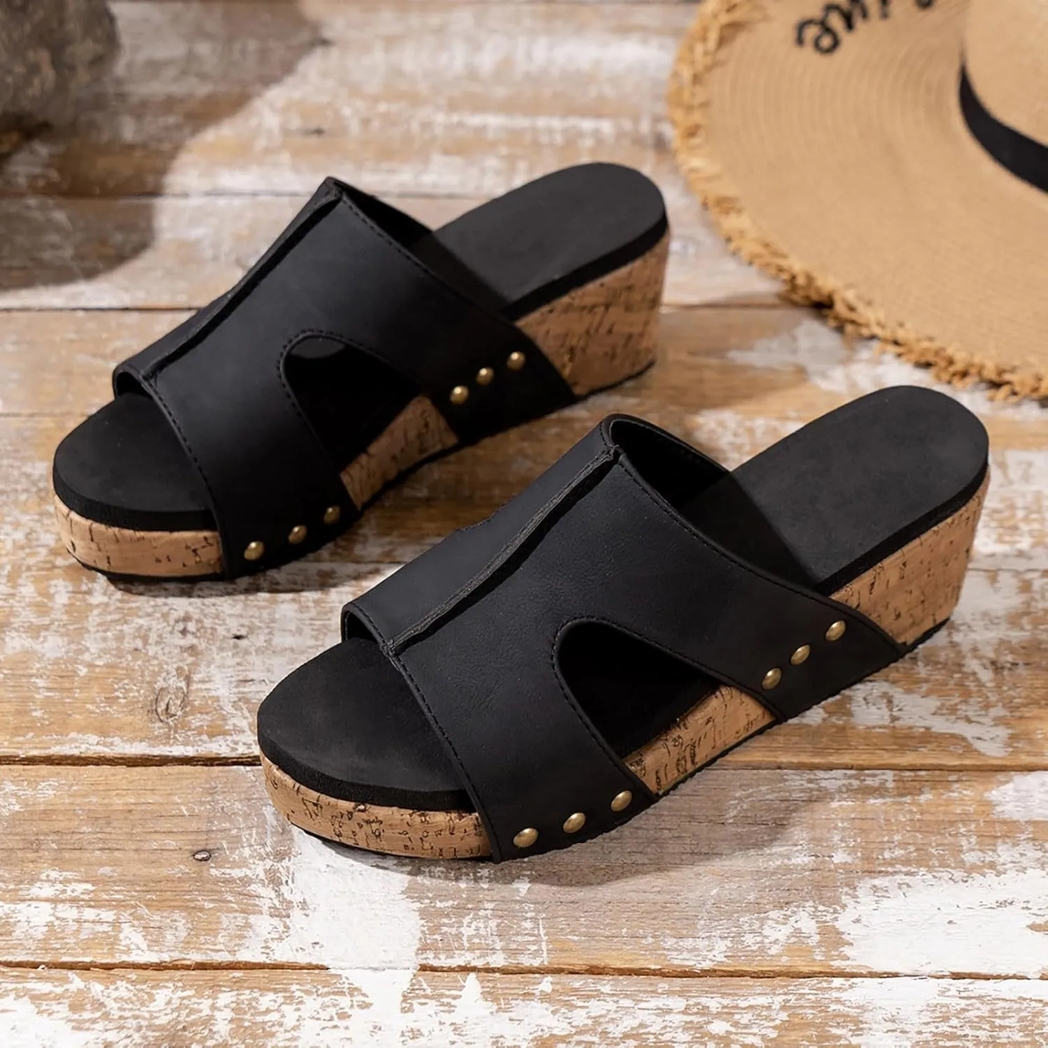 Women's Platform Wedge Sandals Open Toe Slip On Slides Cork Heeled Cutout Comfortable Slide Sandals Casual Dressy Summer Shoes