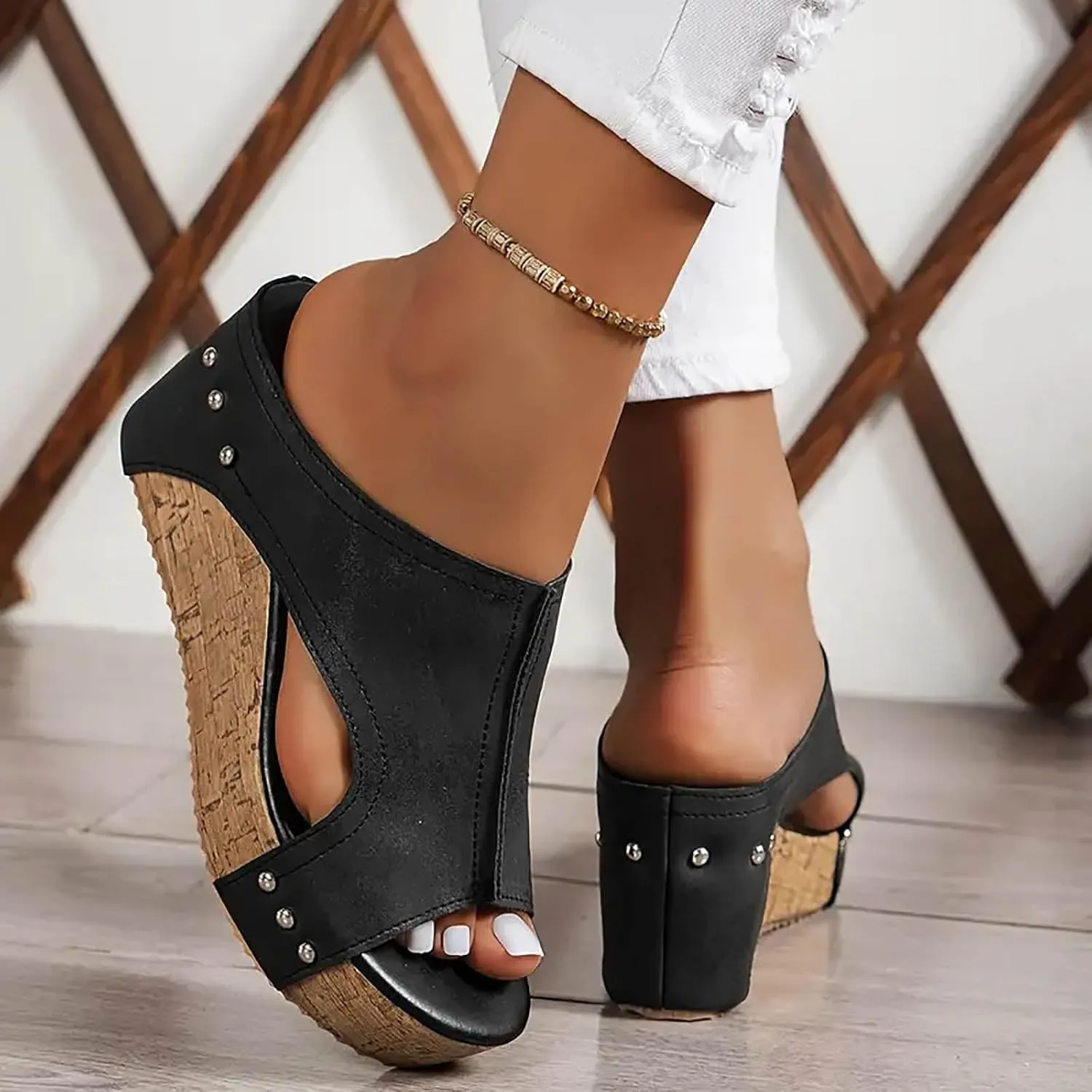 Women's Platform Wedge Sandals Open Toe Slip On Slides Cork Heeled Cutout Comfortable Slide Sandals Casual Dressy Summer Shoes