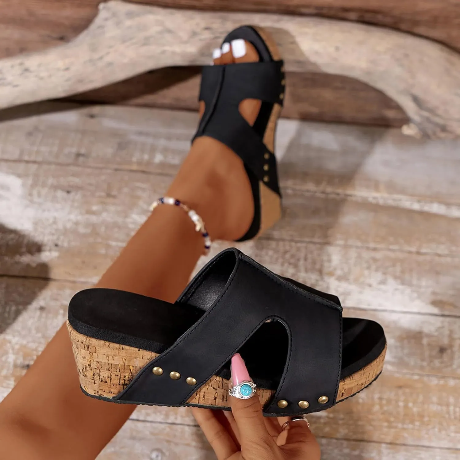 Women's Platform Wedge Sandals Open Toe Slip On Slides Cork Heeled Cutout Comfortable Slide Sandals Casual Dressy Summer Shoes