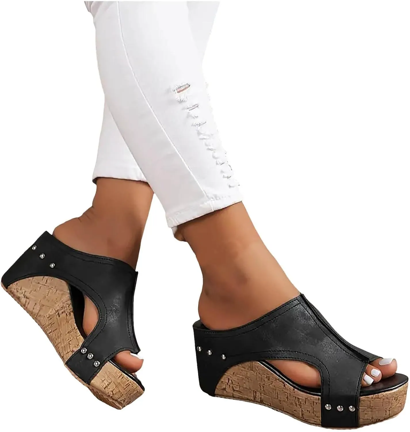 Women's Platform Wedge Sandals Open Toe Slip On Slides Cork Heeled Cutout Comfortable Slide Sandals Casual Dressy Summer Shoes