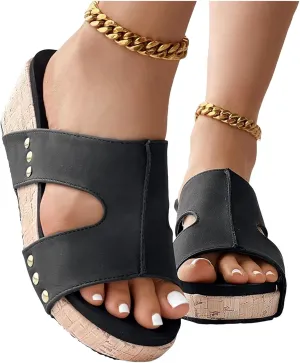 Women's Platform Wedge Sandals Open Toe Slip On Slides Cork Heeled Cutout Comfortable Slide Sandals Casual Dressy Summer Shoes