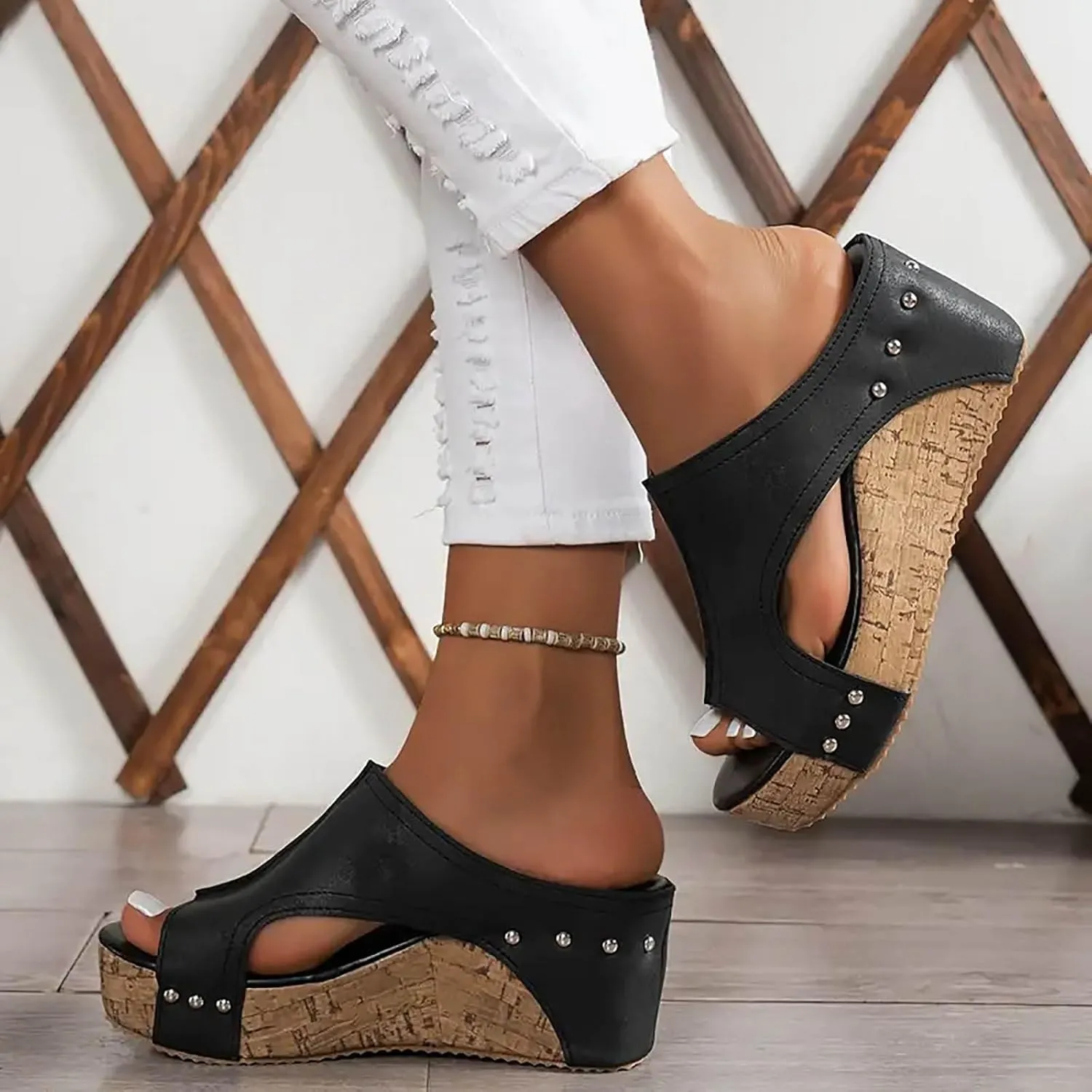 Women's Platform Wedge Sandals Open Toe Slip On Slides Cork Heeled Cutout Comfortable Slide Sandals Casual Dressy Summer Shoes