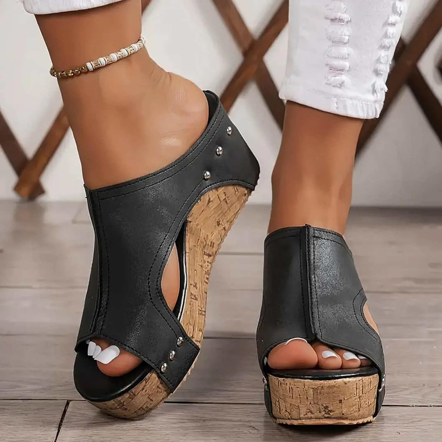Women's Platform Wedge Sandals Open Toe Slip On Slides Cork Heeled Cutout Comfortable Slide Sandals Casual Dressy Summer Shoes