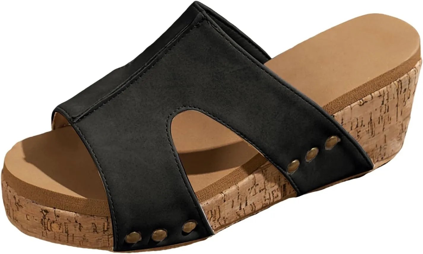 Women's Platform Wedge Sandals Open Toe Slip On Slides Cork Heeled Cutout Comfortable Slide Sandals Casual Dressy Summer Shoes