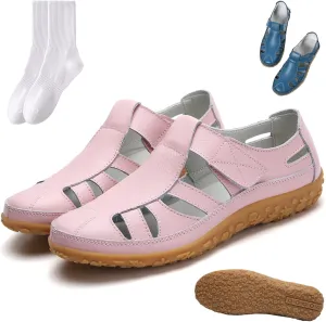Women's Retro Flat Genuine Leather Non-Slip Sandals, Walking Shoes Summer Hollow Out Adjustable Closed Toe Loafers Sandals for Women