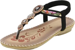 Womens Sandals Bohemia Flowers Sequins Dress Shoes Summer Flat Casual Ankle Strap Elastic Slip on Beach Sandal