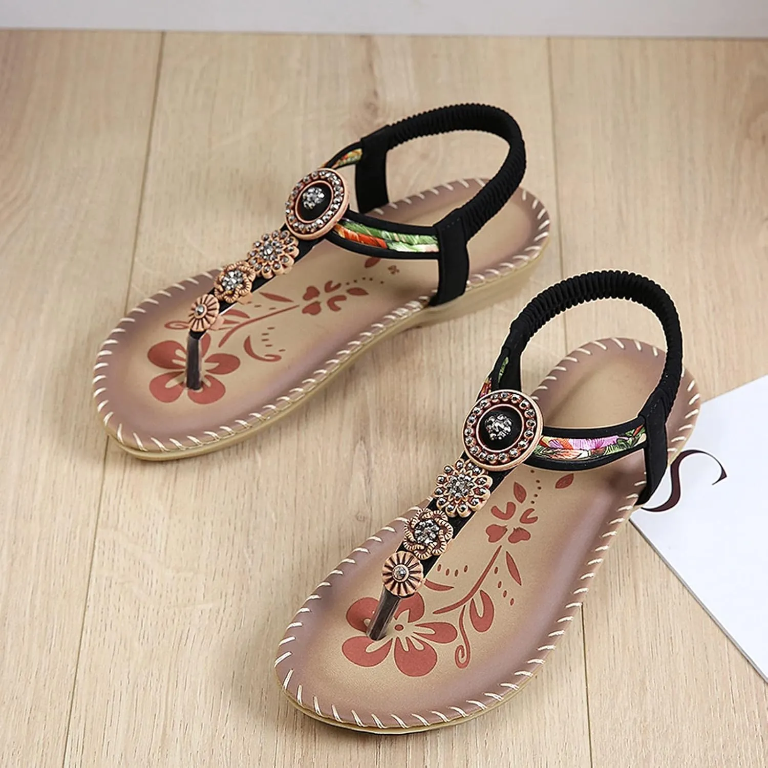 Womens Sandals Bohemia Flowers Sequins Dress Shoes Summer Flat Casual Ankle Strap Elastic Slip on Beach Sandal