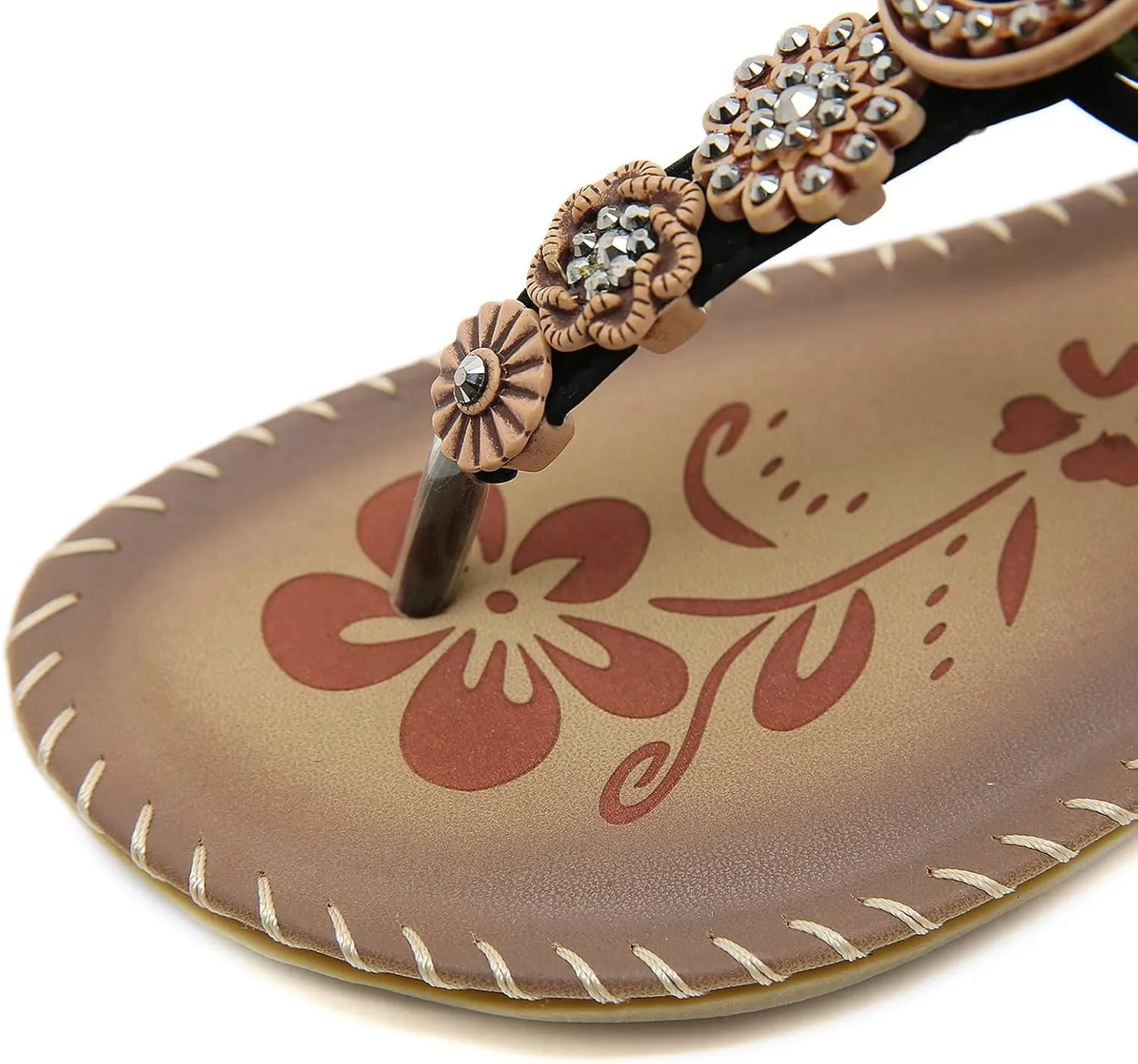 Womens Sandals Bohemia Flowers Sequins Dress Shoes Summer Flat Casual Ankle Strap Elastic Slip on Beach Sandal