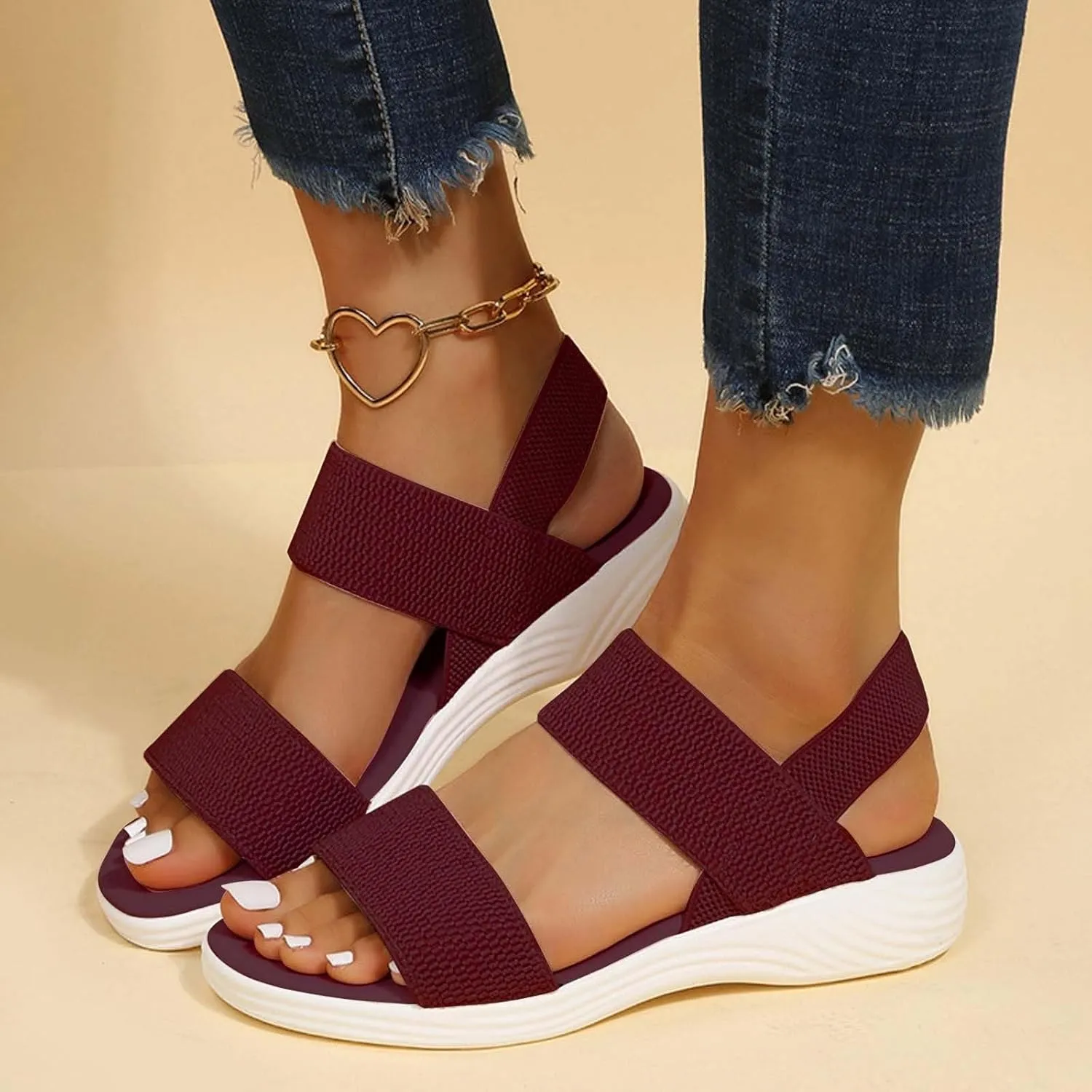 Women's Sandals Elastic Strap Summer Comfort Open Toe Slides Anti-Slip Lightweight Flat Wedge Sandal Platform Wedges Slingback Ankle Low Walking Comfortable Slip On Casual Shoes Platfor Slippers