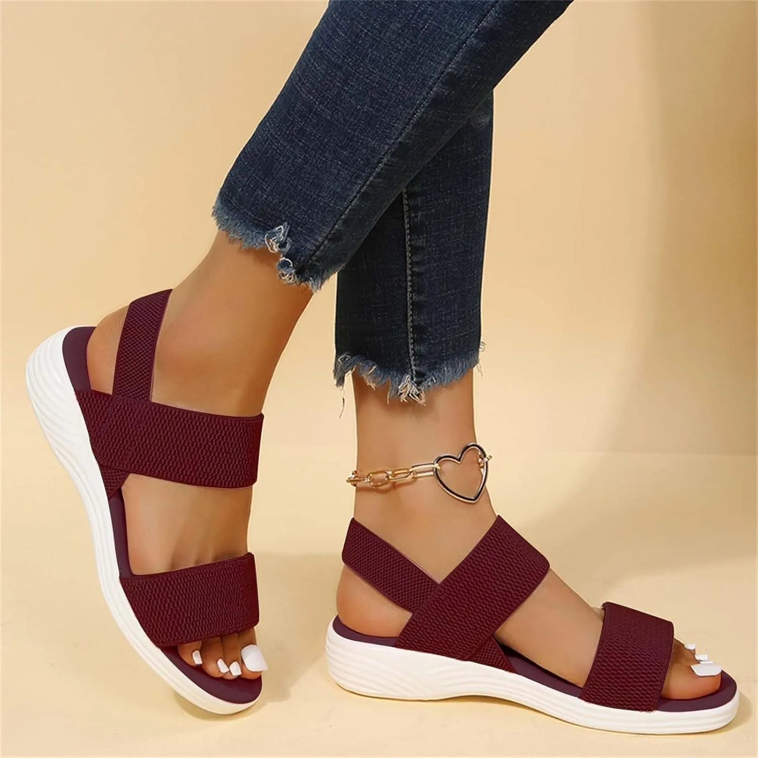 Women's Sandals Elastic Strap Summer Comfort Open Toe Slides Anti-Slip Lightweight Flat Wedge Sandal Platform Wedges Slingback Ankle Low Walking Comfortable Slip On Casual Shoes Platfor Slippers