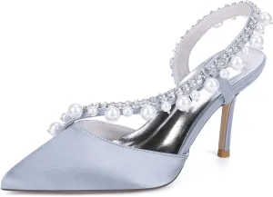 Women's Slingback Wedding Dress Shoes Satin Pointed Toe Pearl Rhinestones S Strap Slip-On High Heels Sandals