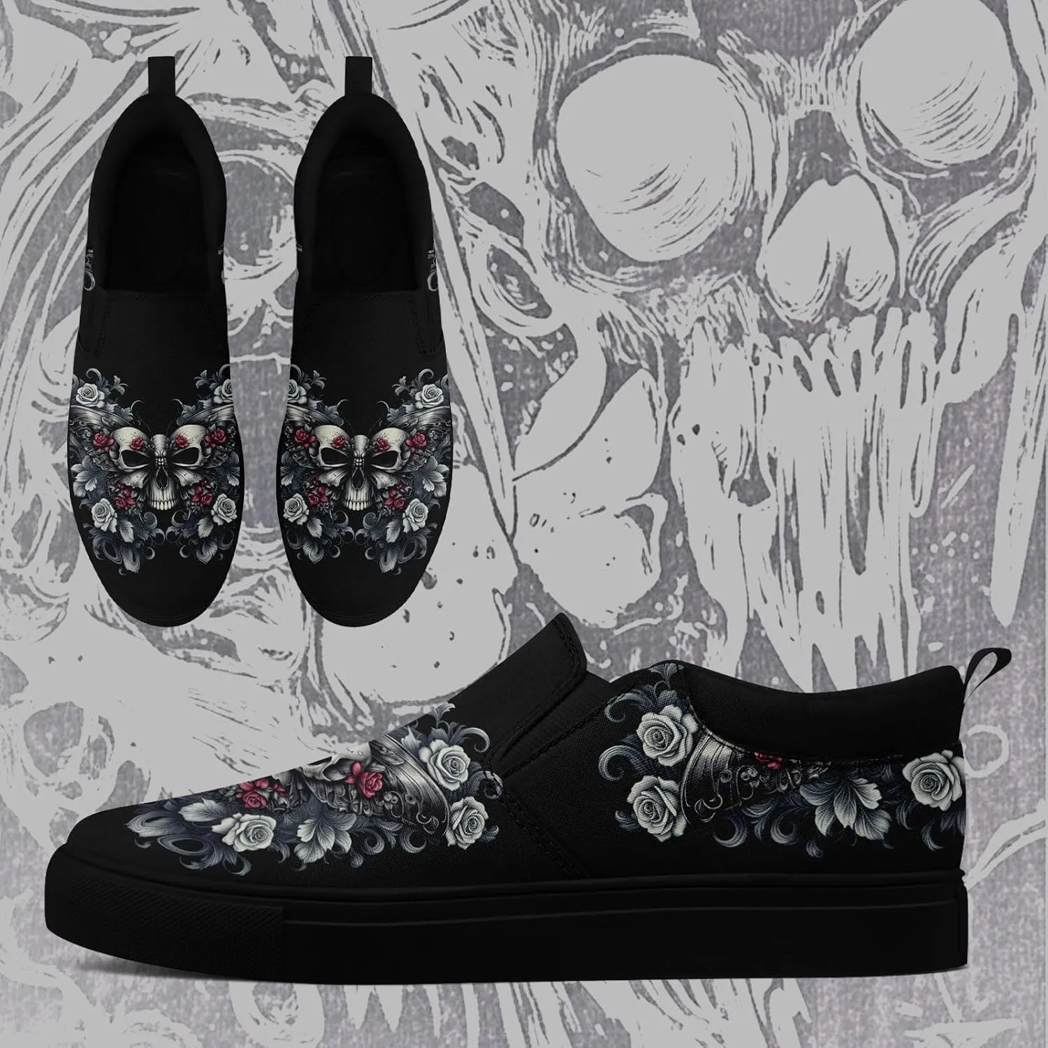 Women's Slip-on Canvas Shoes – Floral Skull Casual Loafers Trendy Comfortable Walking Skate Sneakers for Men