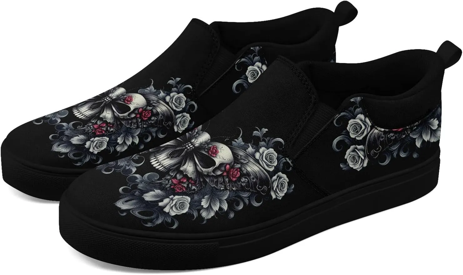 Women's Slip-on Canvas Shoes – Floral Skull Casual Loafers Trendy Comfortable Walking Skate Sneakers for Men