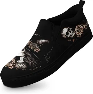 Women's Slip-on Canvas Shoes – Floral Skull Casual Loafers Trendy Comfortable Walking Skate Sneakers for Men