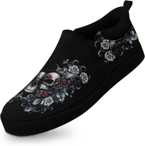 Women's Slip-on Canvas Shoes – Floral Skull Casual Loafers Trendy Comfortable Walking Skate Sneakers for Men