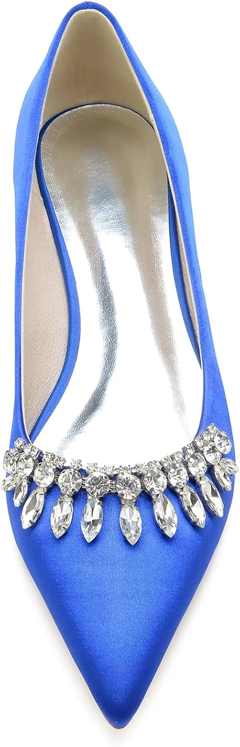 Women's Slip-on Closed Toe Ballet Flats Pointed Toe Satin Wedding Shoes for Bride Bridesmaid Rhinestones Flats Shoes