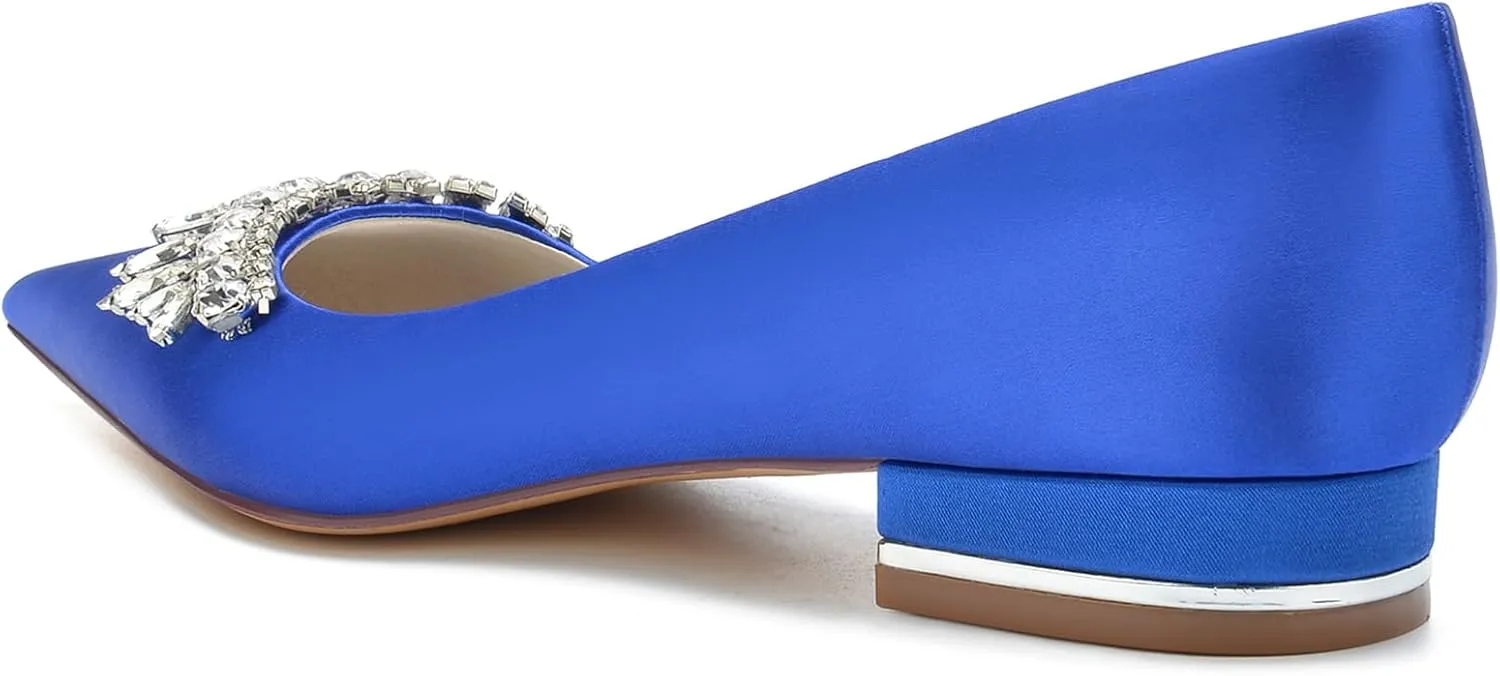 Women's Slip-on Closed Toe Ballet Flats Pointed Toe Satin Wedding Shoes for Bride Bridesmaid Rhinestones Flats Shoes