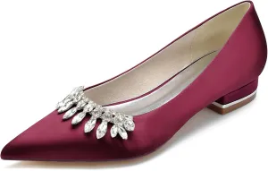 Women's Slip-on Closed Toe Ballet Flats Pointed Toe Satin Wedding Shoes for Bride Bridesmaid Rhinestones Flats Shoes