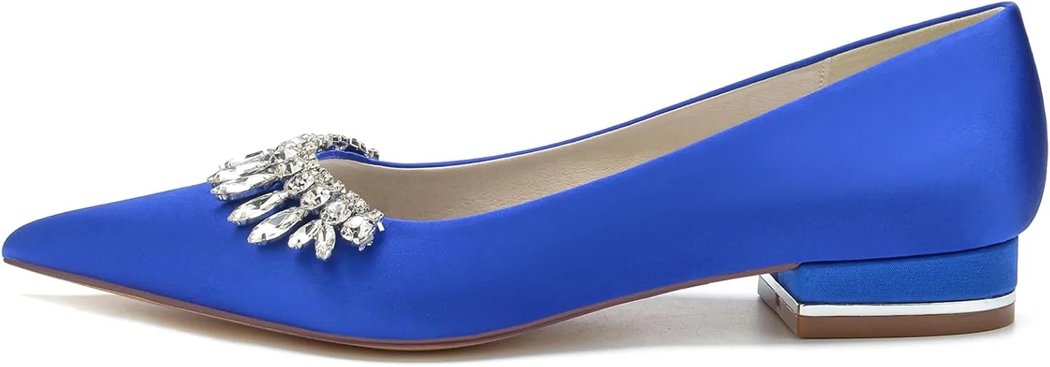 Women's Slip-on Closed Toe Ballet Flats Pointed Toe Satin Wedding Shoes for Bride Bridesmaid Rhinestones Flats Shoes