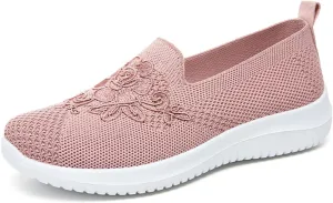 Women's Slip-On Knit Mesh Loafers Lightweight and Comfortable Breathable Mesh Walking Shoe Casual Embroidered Flat Loafers