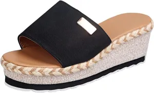 Womens Slip on Wedge Sandals Open Toed Fish Mouth Platform Metal Decoration Slipper Summer Comfortable Casual Beach Shoes Flip Flops