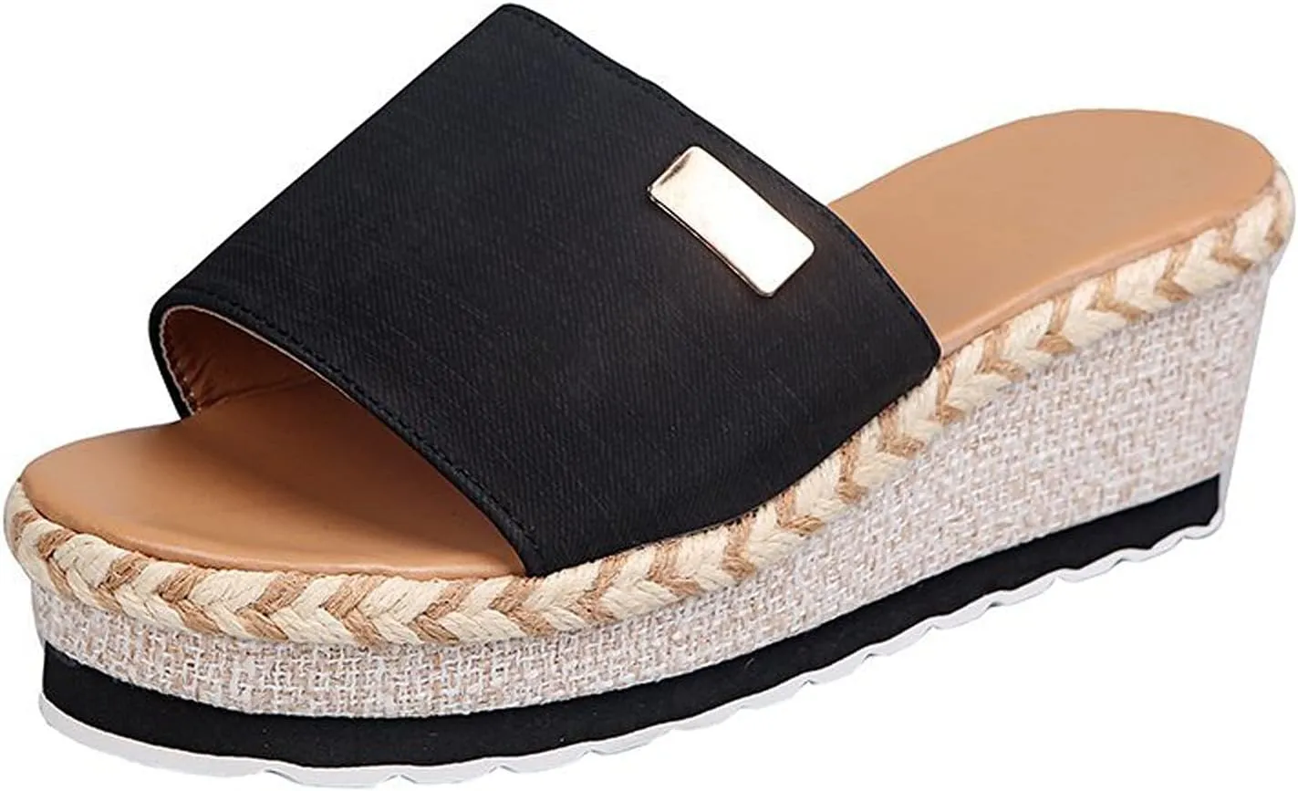 Womens Slip on Wedge Sandals Open Toed Fish Mouth Platform Metal Decoration Slipper Summer Comfortable Casual Beach Shoes Flip Flops