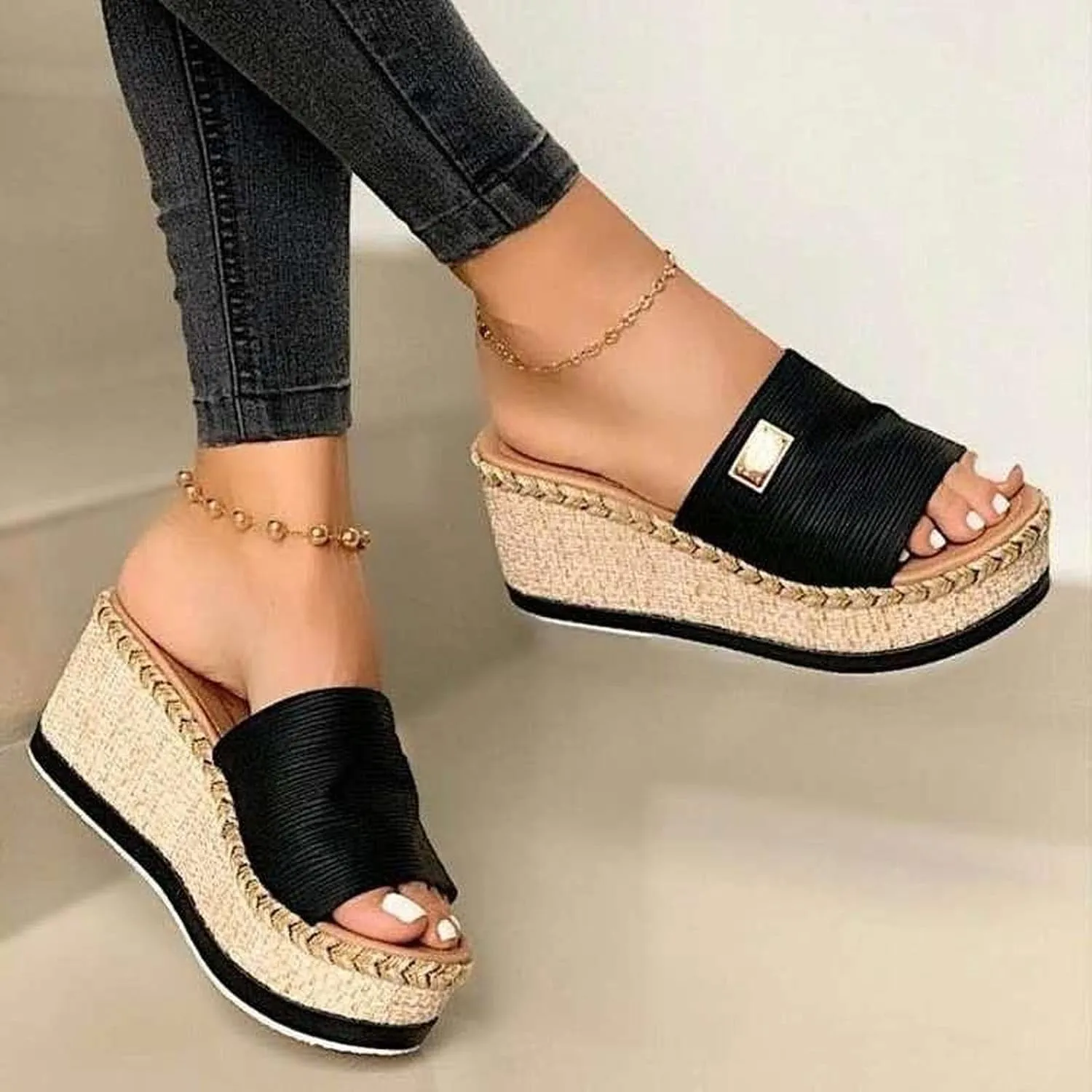 Womens Slip on Wedge Sandals Open Toed Fish Mouth Platform Metal Decoration Slipper Summer Comfortable Casual Beach Shoes Flip Flops