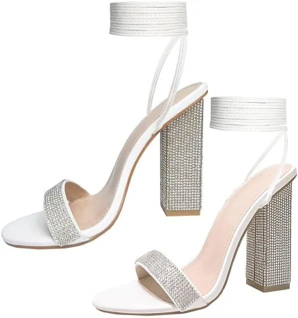 Women's Sparkly Rhinestones Sandals for Women Ankle Strappy Chunky Block Heels Sandals