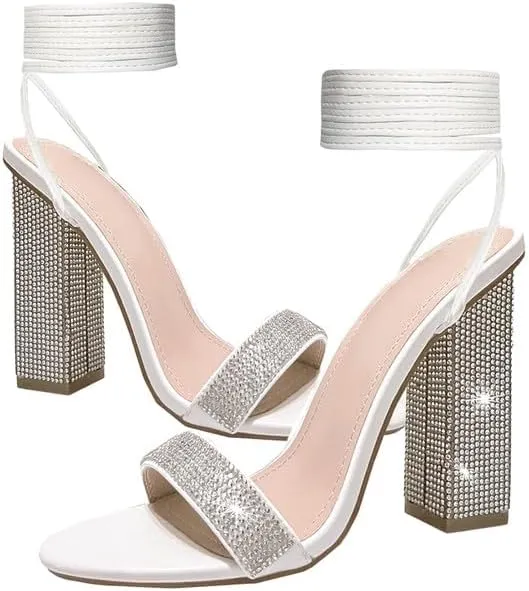 Women's Sparkly Rhinestones Sandals for Women Ankle Strappy Chunky Block Heels Sandals