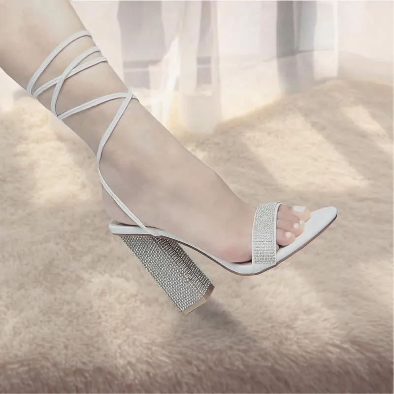 Women's Sparkly Rhinestones Sandals for Women Ankle Strappy Chunky Block Heels Sandals