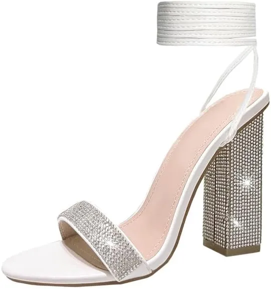 Women's Sparkly Rhinestones Sandals for Women Ankle Strappy Chunky Block Heels Sandals