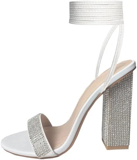 Women's Sparkly Rhinestones Sandals for Women Ankle Strappy Chunky Block Heels Sandals