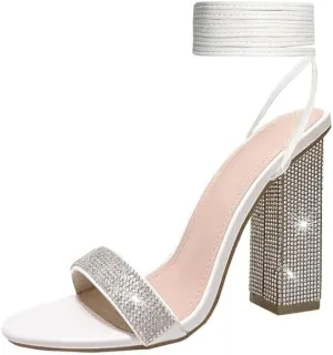 Women's Sparkly Rhinestones Sandals for Women Ankle Strappy Chunky Block Heels Sandals
