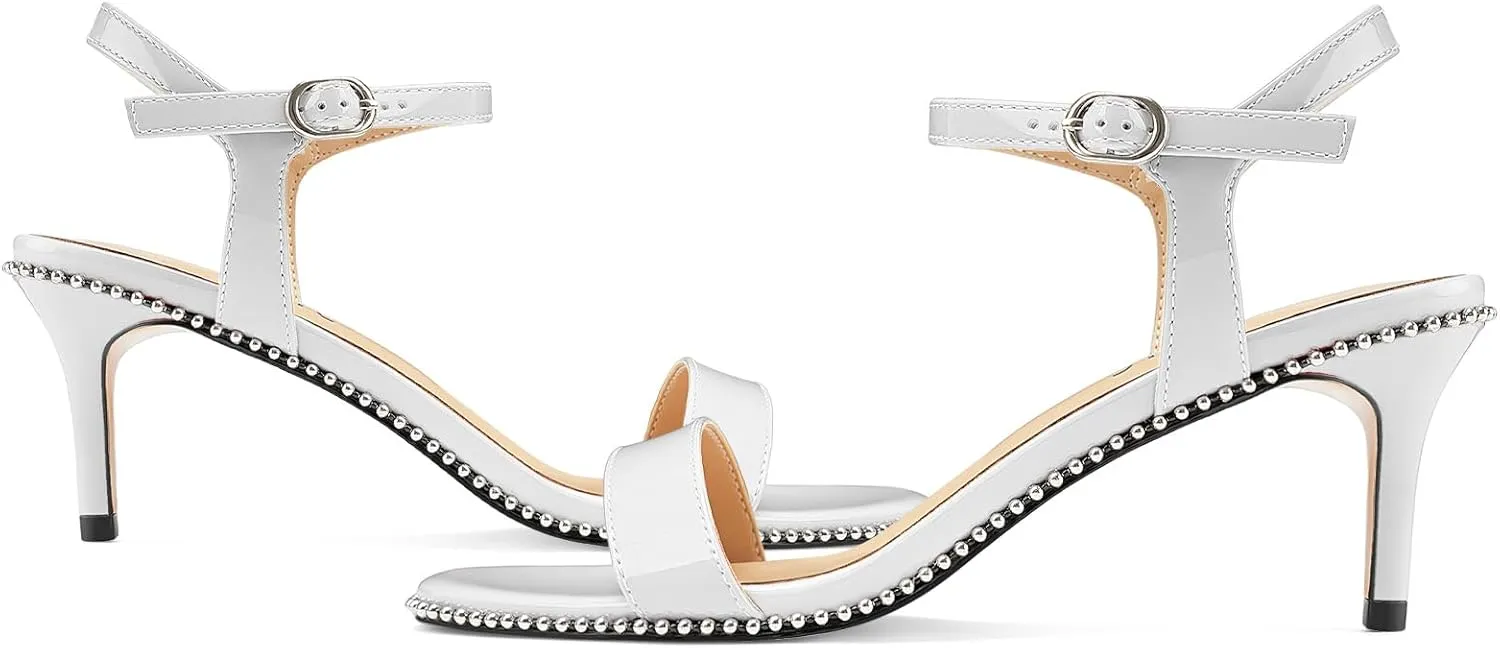 Women's Stiletto High Heels Patent Leather Heeled Sandals Beaded Kitten Heels Open Toe Shoes Dressy Studded Stilettos for Ladies Sexy