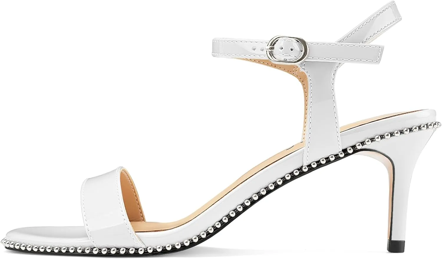 Women's Stiletto High Heels Patent Leather Heeled Sandals Beaded Kitten Heels Open Toe Shoes Dressy Studded Stilettos for Ladies Sexy