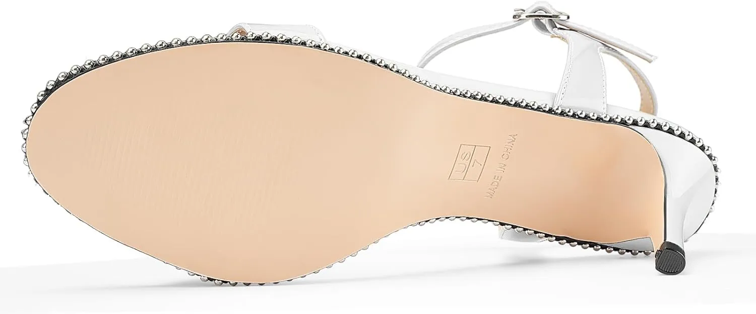 Women's Stiletto High Heels Patent Leather Heeled Sandals Beaded Kitten Heels Open Toe Shoes Dressy Studded Stilettos for Ladies Sexy