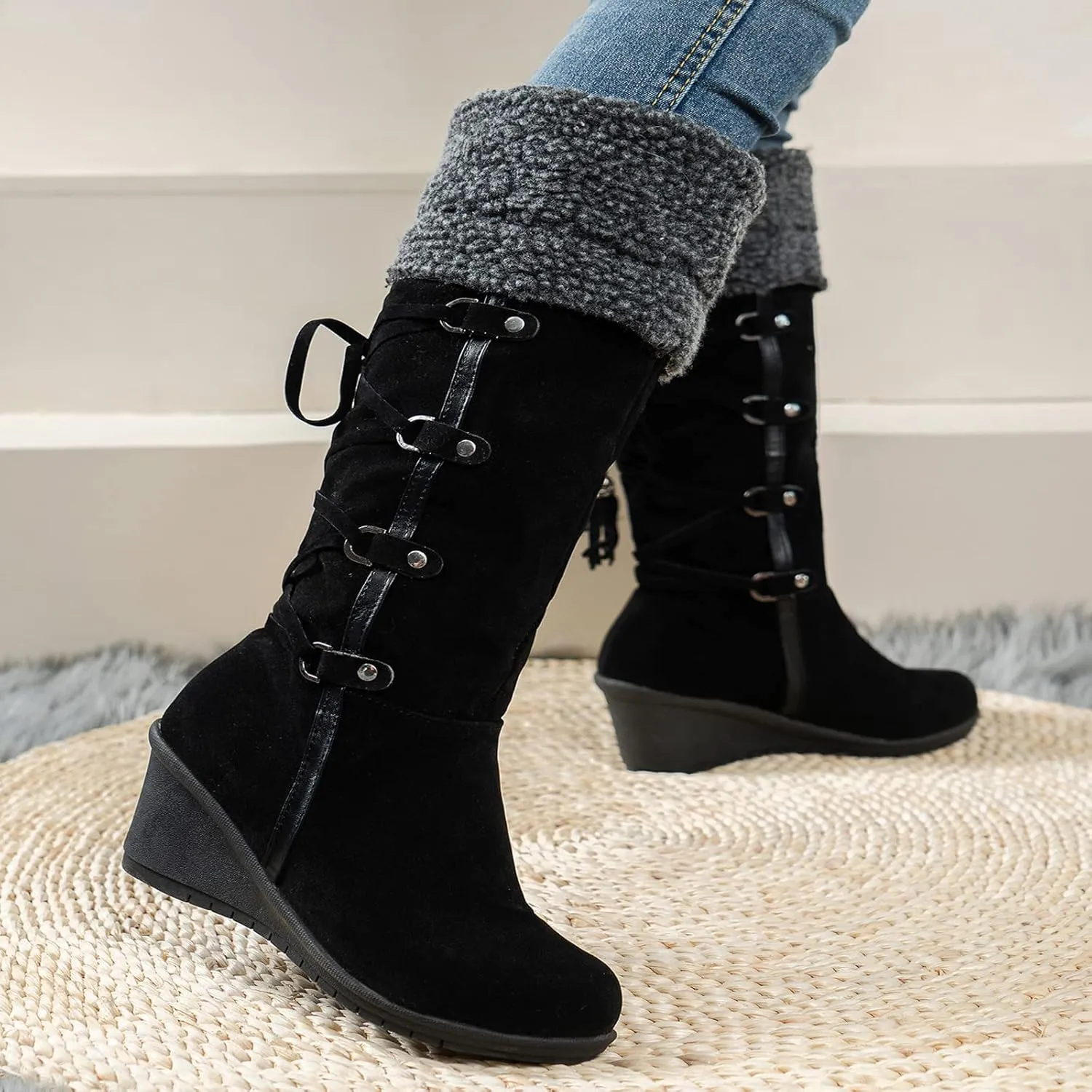 Women's Suede Plus Velvet Lined Flip Lace Up Tassel Knee High Boot,Winter Warm Non Slip Platform Wedge Heel Snow Boot
