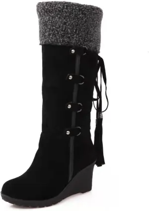 Women's Suede Plus Velvet Lined Flip Lace Up Tassel Knee High Boot,Winter Warm Non Slip Platform Wedge Heel Snow Boot
