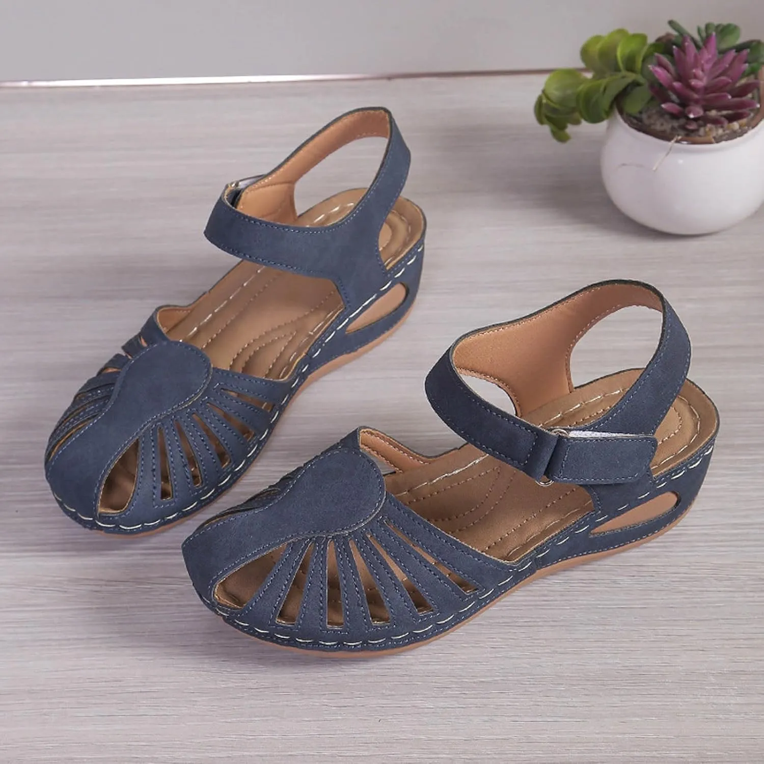Womens Summer Bohemia Orthopedic Sandals, Vintage Casual Hollow Out Sandals Closed Toe Breathable Ankle Strap Platform Sandal